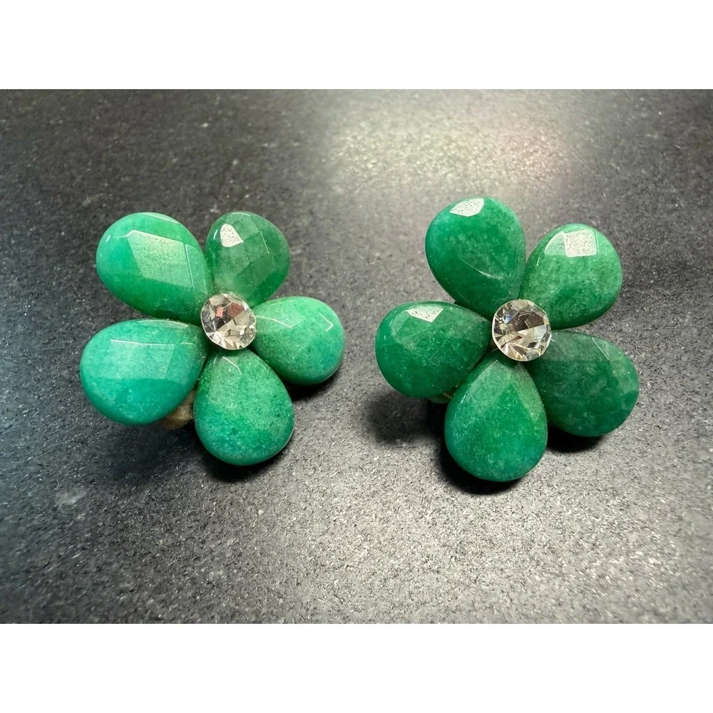 Green‎ Faceted Stone Flower Necklace Bracelet Clip Earrings Set Rhinestone